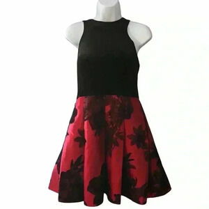 Teeze Me Floral Pleated Velvet Red & Black Semi-Formal Dress size 13-14
